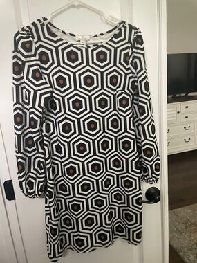 Jude Connally Black, White & Brown Hexagon Long-Sleeve Shift Dress